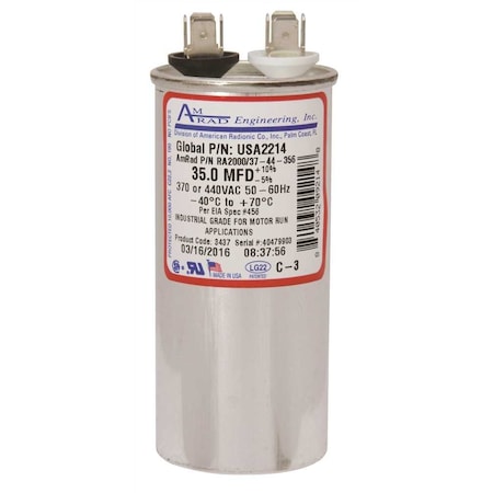 Amrad Engineering ROUND MOTOR RUN CAPACITOR, 35 MFD, 370/440 VAC USA2214